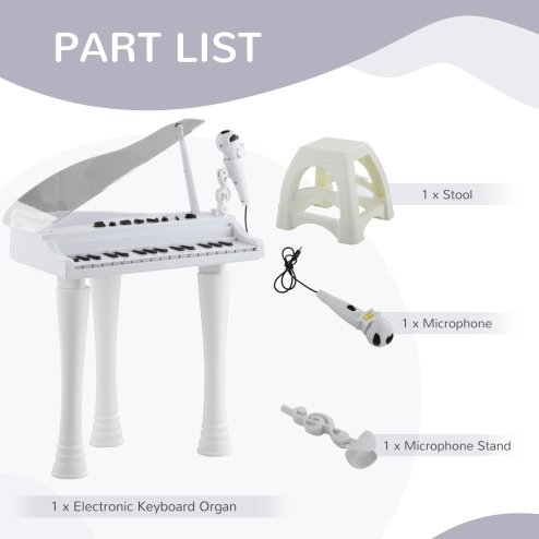 AIYAPLAY 32 Keys Kids Piano Keyboard with Stool, Lights, Microphone, Multiple Sounds, Removable Legs, Electronic Musical Instrument for Boys Girls, White