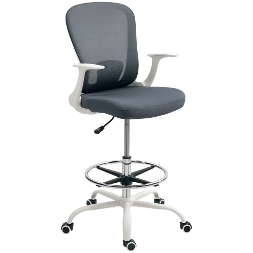 HOMCOM Drafting Chair, Swivel Draughtsman Chair, Ergonomic Office Chair, Mesh Standing Desk Chair with Flip-up Armrest, Lumbar Support, Adjustable Foot Ring, Grey