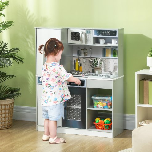 AIYAPLAY Play Kitchen, Pretend Toy Kitchen, Kids Kitchen Playset with Sounds and Lights Cooking Stove, Running Water, Coffee Maker Refrigerator, Microwave, Kitchen Accessories