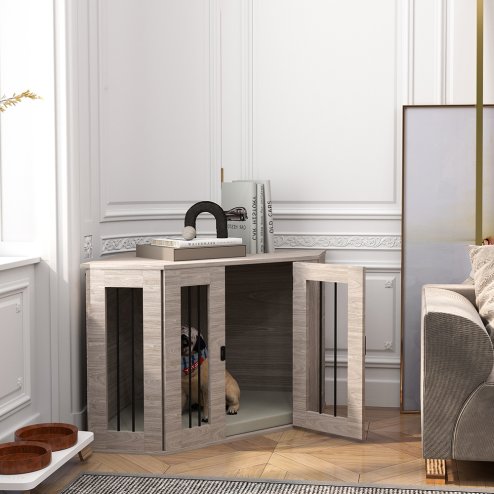 PawHut Dog Crate Furniture, Side Table Dog Kennel with Cushion, Large Door, for Medium Dogs - Walnut Brown