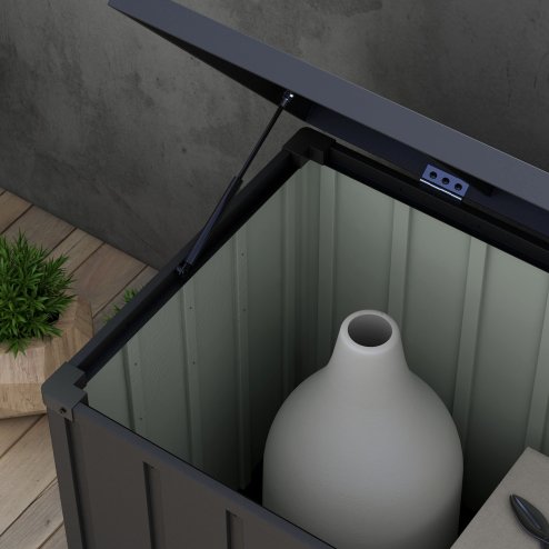 Outsunny 450 Litre Garden Storage Box, Outdoor Storage Box with Wheels and Handles, Lockable Galvanised Steel Outside Deck Box Organiser for Tools, Cushions, Dark Grey
