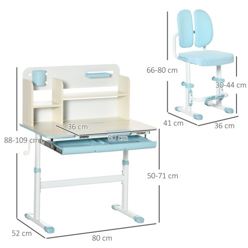 HOMCOM Kids Desk and Chair Set, Height Adjustable Kids Study Table and Chair Set with Storage Shelves, Washable Cover, Anti-Slip Mat, for Ages 3-12 Years - Blue