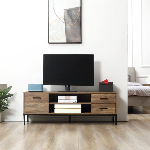 HOMCOM Entertainment Centre for TV up to 50 Inches, TV Cabinet with Door, Open Storage and Drawers, TV Stand for Bedroom with Steel Legs, Coffee