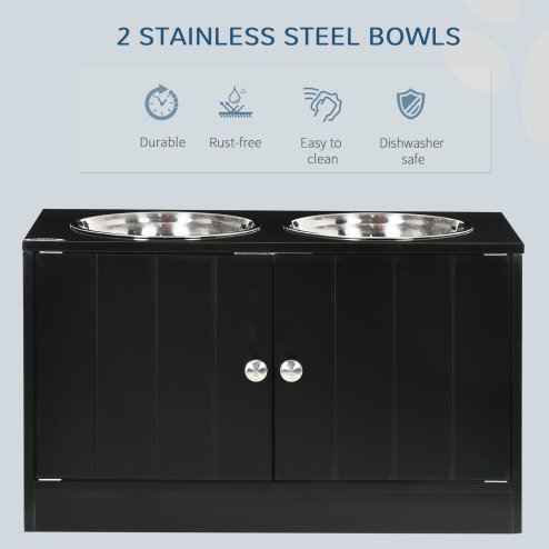 PawHut Raised Dog Bowls for Large Dogs Pet Feeding Station w/ Stand, Storage, Two Stainless Steel Bowls - Black