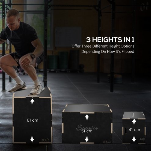 SPORTNOW 3-in-1 Wooden Plyo Box, Anti-Slip Plyometric Jump Platform, Step Up Exercise Box with Handle Openings for Home Gym, Workout Training, 41/51/61cm