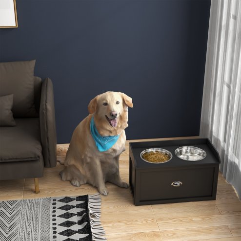 PawHut Stainless Steel Raised Dog Bowls, Double Dog Food and Water Bowl w/ 21L Storage Drawer, for Large Dogs - Black