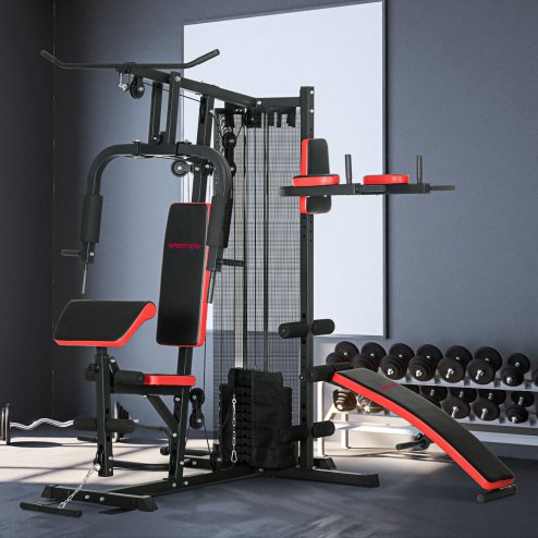 SPORTNOW Multi Gym Workout Station All-in-One Home Gym Equipment with 65kg Weight Stack, Sit Up Bench, Push Up Stand, Dip Station, for Home Gym Full Body Strength Training