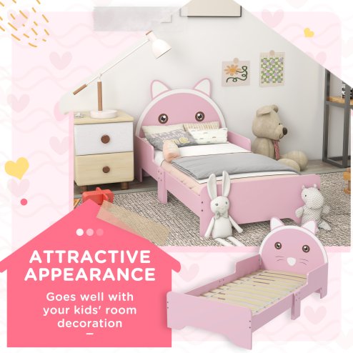 ZONEKIZ Toddler Bed Frame, Kids Bed Cat Design Princess Bed Bedroom Furniture with Guardrails, for 3-6 Years Old, 143L x 74W x 72Hcm - Pink