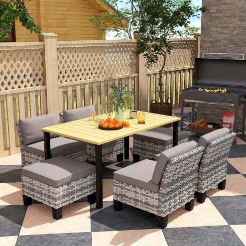 Outsunny 7-Piece Rattan Garden Dining Set, 6 Seater Wicker Garden Furniture Set with Seat and Back Cushions, Umbrella Hole, Patio Table and Chairs with Slatted Metal Top Table for Balcony, Grey