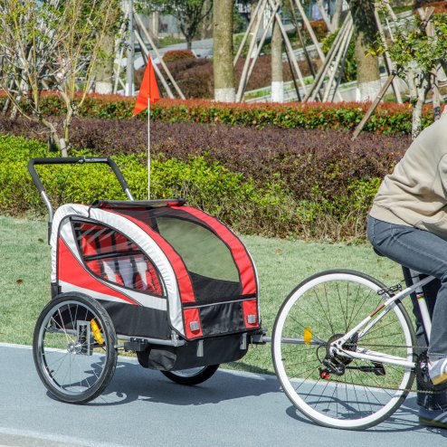 HOMCOM Child Bike Trailer, Baby Bicycle Trailer for 2 Kids with 5 Point Harness, Steel Frame, Reflectors, Safety Flag, Hitch Coupler, Red