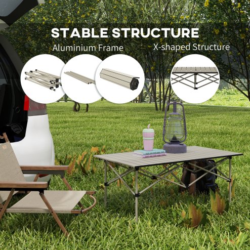 Outsunny Portable Camping Table, 3ft Lightweight Folding Aluminium Picnic Table with Roll Up Top, Carry Bag for Outdoor Camping, Picnic, Hiking, Cooking, BBQ, Fishing, Khaki