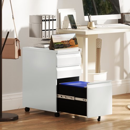Vinsetto 3-Drawer Filing Cabinet with Lock, Mobile Steel File Cabinet for A4, Legal and Letter Size, Under Desk Drawers with Pre-Assembled Body for Home Office, 30 x 43.5 x 60 cm, White