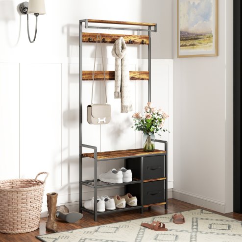 HOMCOM Coat Rack with Bench and Shoe Storage, 4-in-1 Coat Stand with 15 Coat Hooks, 2 Fabric Drawers for Hallway, Living Room, Bedroom, Rustic Brown