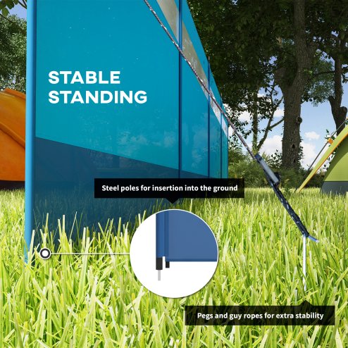 Outsunny Camping Windbreak, 5 Pole Windbreaker Blocker with Clear Windows, Carry Bag and Steel Poles, for Beach Caravan Campervan, 725 x 140cm, Blue