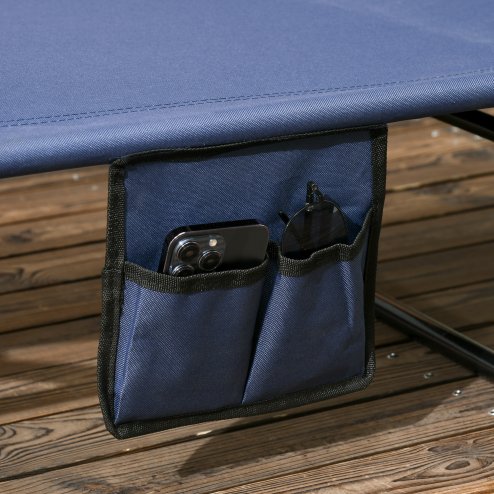Outsunny 2 Piece Folding Sun Loungers with Canopy, Adjustable Recliner Garden Chairs with Side Pocket, Steel Frame and Breathable Mesh for Outdoor, Pool, Beach, Garden, Dark Blue