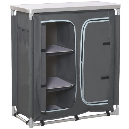 Outsunny Aluminum Camping Cupboard, Camping Kitchen Station Cook Table with 3-Shelf, Storage Organiser for BBQ Party Picnics Backyards with Carrying Bag