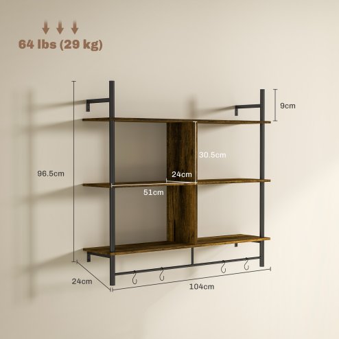 HOMCOM Floating Shelves, 104CM Wall Mounted Ladder Shelf with 4 Hooks, Rustic Hanging Display Shelf for Living Room, Entryway, Kitchen, Rustic Brown