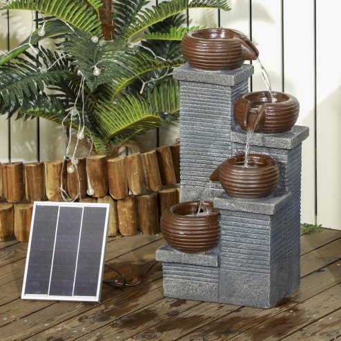 Outsunny Solar Powered Garden Water Feature with LED Lights and Pump, 4 Tier Cascading Water Fountain for Indoor/Outdoor, Bowls Waterfall Ornament, 58cm Height