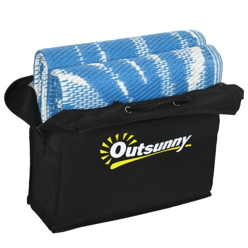 Outsunny Reversible Outdoor Rug with Carry Bag, Waterproof Plastic Straw Mat for Garden, Deck, RV, Picnic, Beach, Camping, 182 x 274cm, Blue and Cream