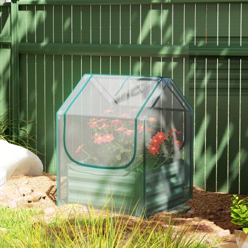 Outsunny Raised Garden Bed with Mini Greenhouse, Outdoor Metal Planter Box with Cover, for Herbs and Vegetables, Use for Patio, Garden, Balcony, Clear and Green