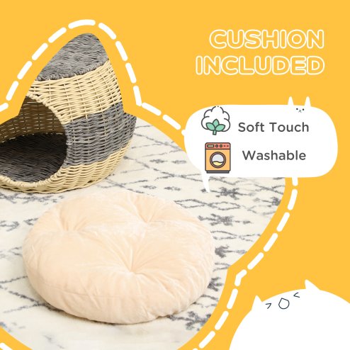 PawHut Wicker Cat House, Rattan Raised Cat Bed, Cosy Kitten Cave with Soft Washable Cushion, 40 x 30cm