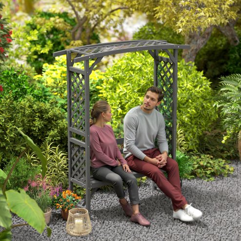 Outsunny Garden Bench, Arch Pergola with Natural Wooden Garden Arbour with Seat for Vines/Climbing Plants for Outdoor Space, Grey