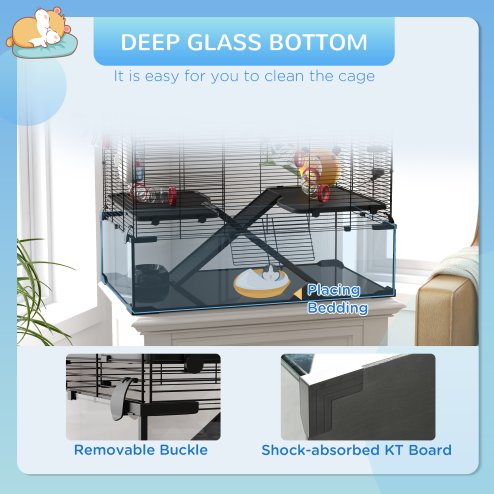PawHut Large Hamster Cage, Gerbil Cage with Deep Glass Bottom, Tunnels, Non-Slip Ramps, Exercise Wheels, Water Bottle, Dish, 78.5 x 48.5 x 57cm