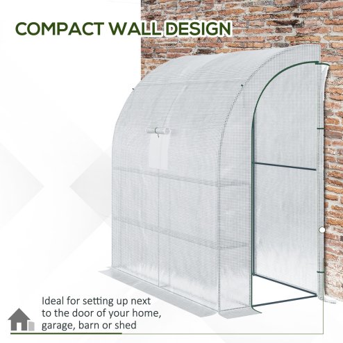 Outsunny Walk-In Lean to Wall Greenhouse with Windows and Doors, Outdoor Green House with 3 Tiers 4 Wired Shelves, 200L x 100W x 215Hcm, White