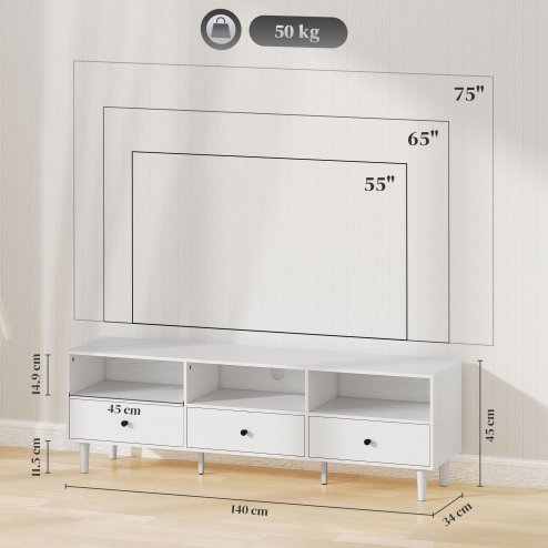 HOMCOM 140cm TV Stand Cabinet, Modern TV Unit Console Table for up to 75
