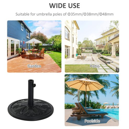 Outsunny 13kg Garden Parasol Base, Round HDPE Concrete Patio Umbrella Stand for 35mm / 38mm / 48mm Pole, Outdoor Sun Shade Parasol Weight Holder, Black