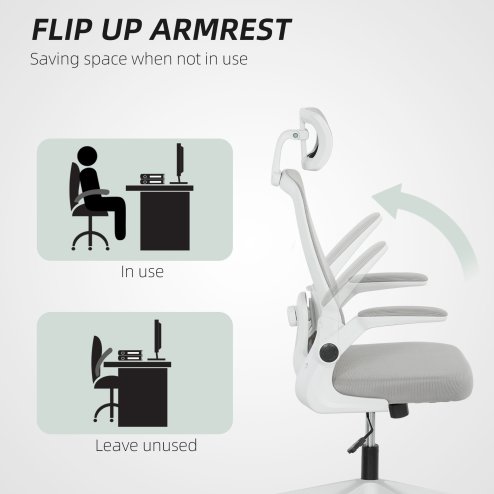 HOMCOM Executive Office Chair, Ergonomic Mesh High Back Desk Chair with Flip-up Armrest, Adjustable Lumbar Support, Rotatable Headrest, Grey