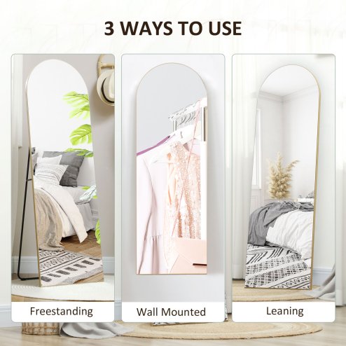 HOMCOM Arched Full Length Mirror, 50 x 150cm Wall Mounted, Leaning, Free Standing Mirror, Frameless Full Body Mirror for Living Room, Bedroom, Gold Tone