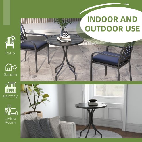 Outsunny  66cm Garden Side Table, Round Bistro Coffee Table, Outdoor Patio Table with Steel Frame and Slat Tabletop for Balcony and Porch, Black