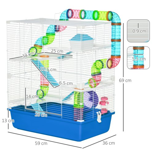 PawHut 5 Tier Hamster Cage, Gerbil Cage with Tube, Water Bottle, Exercise Wheel, Food Dish, 59L x 36W x 69H cm - Blue