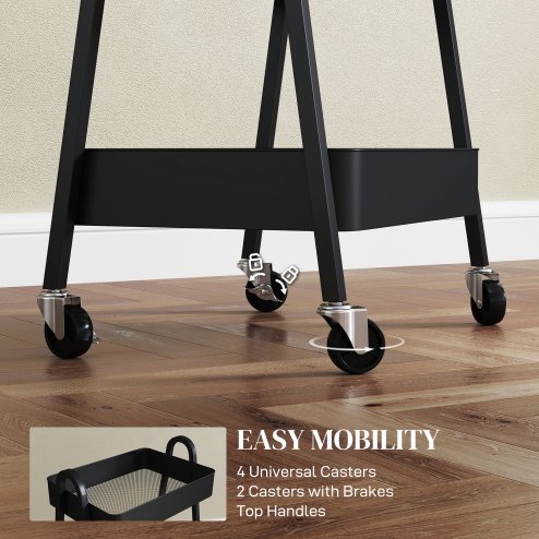 HOMCOM 3-Tier Storage Trolley on Wheels, Rolling Utility Cart with Handles, Mobile Kitchen Storage Cart for Living Room, Dining Room, Bedroom, Bathroom