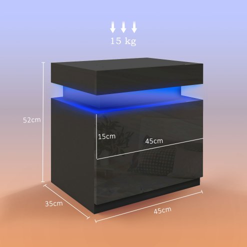 HOMCOM High Gloss Front Bedside Table, Nightstand with RGB LED Light and 2 Drawers, Chest of Drawers for Bedroom, Living Room, Black