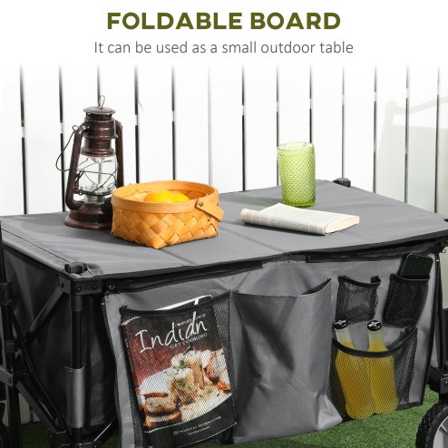 Outsunny Folding Garden Trolley, Cargo Trailer on Wheels, Collapsible Camping Trolley with Folding Board, Outdoor Utility Wagon with Steel Frame and Oxford Fabric, Dark Grey