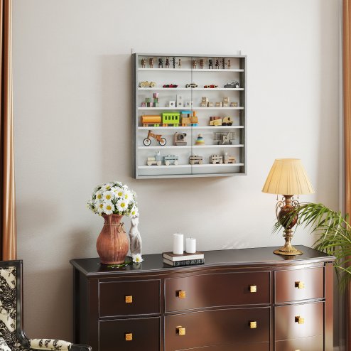 HOMCOM 7-Tier Wall Mounted Display Cabinet, Display Case with 6 Adjustable Shelves, Glass Doors for Home Office Ornaments 83x80cm, Graphite Wood Effect
