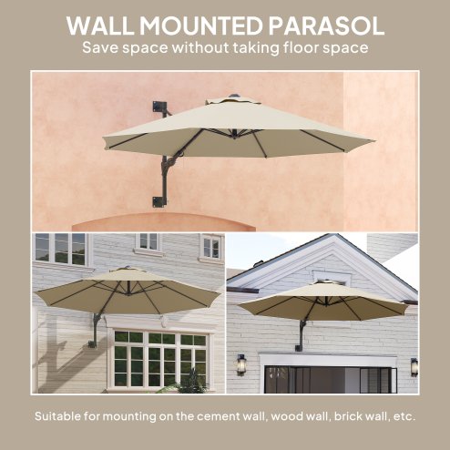 Outsunny 3 M Wall Mounted Garden Parasol Umbrella with Rotate, Outdoor Market Umbrella Sun Shade Canopy with 8 Ribs, Khaki
