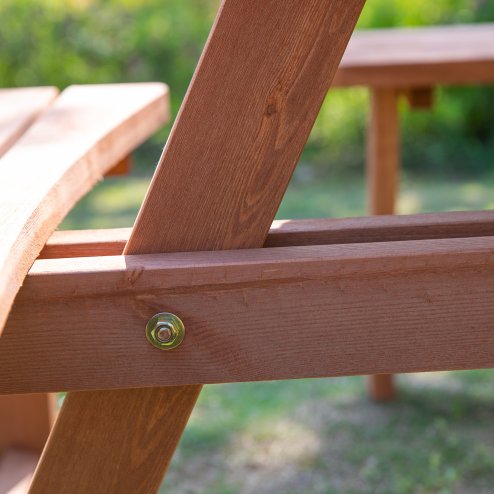Outsunny 8 Seater Wooden Picnic Table and Garden Benches Set, Round Garden Dining Set with 4 Benches and Umbrella Hole Outdoor Garden Park, Brownish Red