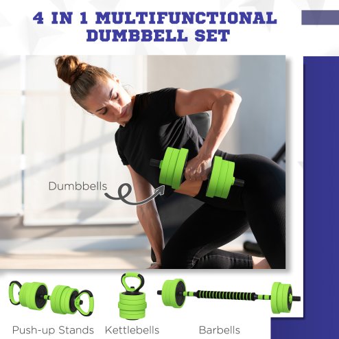 SPORTNOW 4-in-1 Adjustable Weight Dumbbells Set, Used as Barbell, Kettlebell, Push up Stand, Free Weights Set for Men and Women Home Gym Training, 40KG, Green