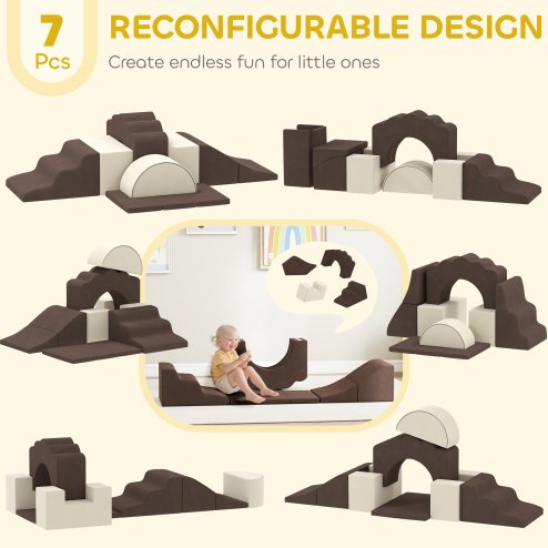 AIYAPLAY Kids Soft Play Set, 7 Piece Foam Climbing Blocks with Detachable Cover, Baby Indoor Climb and Crawl Foam Play Set for Toddlers, Preschoolers, Brown