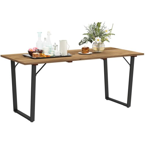 Outsunny Garden Table with Parasol Hole, 175 x 80 cm Rectangle Outdoor Dining Table for 6 with 5 cm Parasol Hole and Wood Slatted Top for Balcony, Terrace, Brown