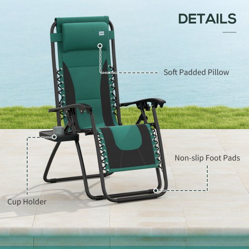 Outsunny Zero Gravity Lounger Chair Set of 2, Folding Reclining Patio Chair with Padded Seat, Cup Holder, Soft Cushion and Headrest for Poolside, Camping, Green