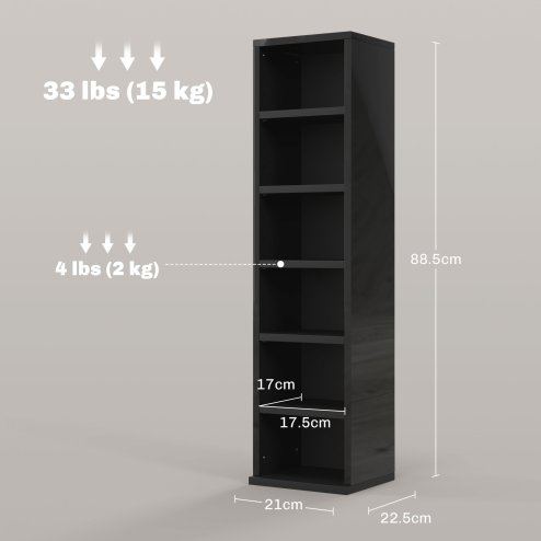 HOMCOM 204 CD Media Display Shelf Unit Set of 2 Blu-Ray Tower Rack w/ Adjustable Shelves Bookcase Storage Organiser, High Gloss Black