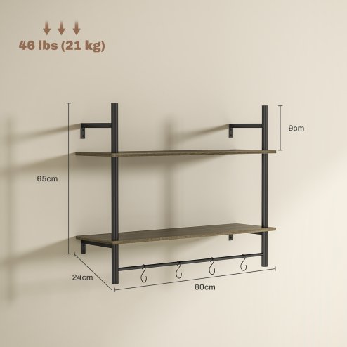 HOMCOM Floating Shelves, 80CM Wall Mounted Shelf with 4 Hooks, Rustic Wood Display Shelf for Living Room, Entryway, Bedroom, Grey