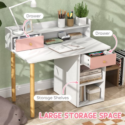 AIYAPLAY Kids Desk and Chair Set, Children Study Table with Hutch, Storage, Drawer, Shelves, for Studying, Reading, Drawing, for Ages 3-8 Years, Pink