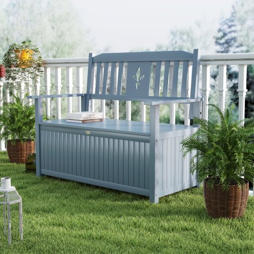 Outsunny 2 Seater Garden Storage Bench, 164L Outdoor Storage Box with Backrest Flower Pattern, Wooden Garden Bench with Armrests, 125 x 68.5 x 97cm, Grey