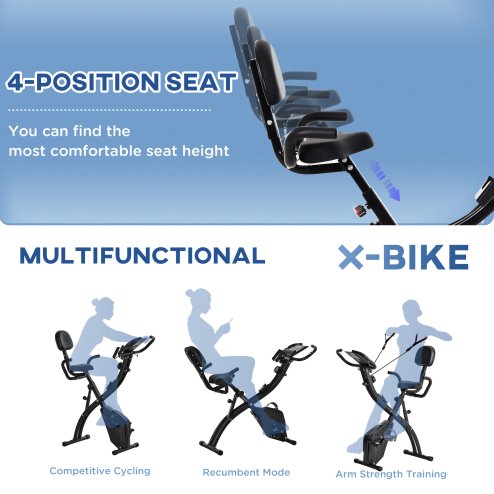 HOMCOM 2-in-1 Folding Exercise Bike, Foldable Stationary Bike with 8-Level Adjustable Magnetic Resistance, Arm Resistance Band, Pulse Sensor and LCD Monitor, Black