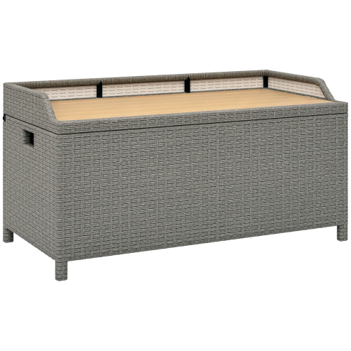 Outsunny PE Rattan Outdoor Storage Bench, Aluminium Garden Bench with Storage Underneath w/ Zipped Inner Lining, Rods for Deck, Grey